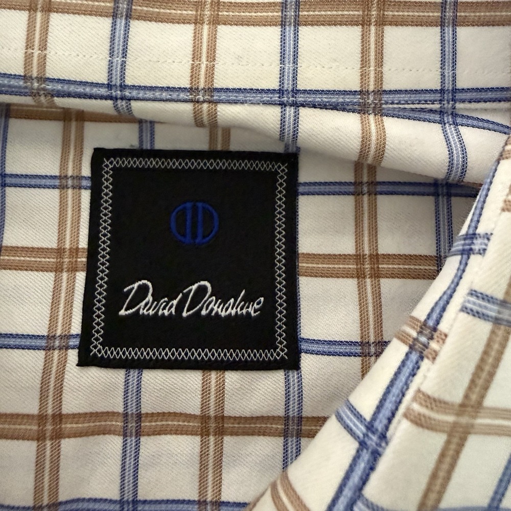 David Donahue Shirt Mens 17.5 34/35 Cotton Plaid Button Up Long Slv Brown Blue - Picture 4 of 13